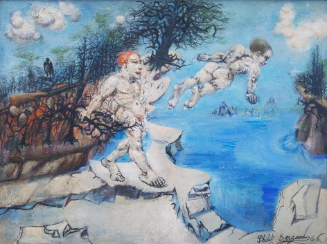 Image of &quot;Lure of the Waters&quot; painting by artist Philip Evergood depicting two naked men jumping into a lake off of some stone ledges, behind them are some brambles where two shotguns are resting.