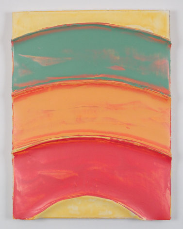 Image of Stephen Achimore's molded paper painting in pinks, aqua, yellow and orange and titled &quot;MP2023-13.&quot;