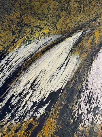 Image of surface texture of Untitled#001 abstract painting by Frederik Ottesen showing the strong white brushstrokes which sweep upwards from the left side of the painting.