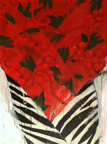 Image of Robert Zakanitch's painting titled &quot;Hot Top&quot; showing abstract pattern of red flowers with green accents coming out of a white and black abstraction at the bottom.