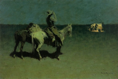 Image of Frederic Remington's sold 1899 painting entitled &quot;The Stranger&quot; showing a lone horseman with a pack mount hailing a camp at night.
