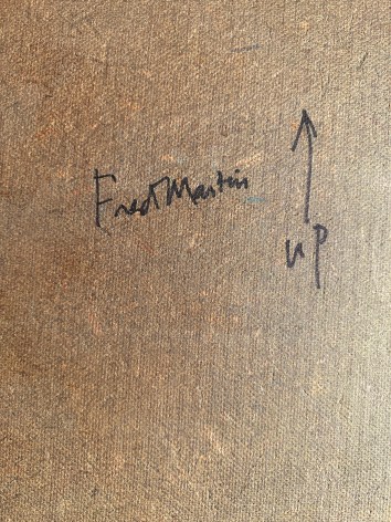 Image of verso signature on 1970 untitled pastel and acrylic abstraction by Fred Martin.