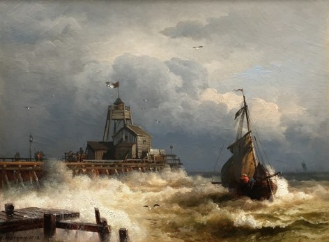 Image of a Hermann Herzog sold painting entitled &quot;Life Saving Station, Ostend, Belgium&quot; showing crashing waves, a boat and a life saving station.