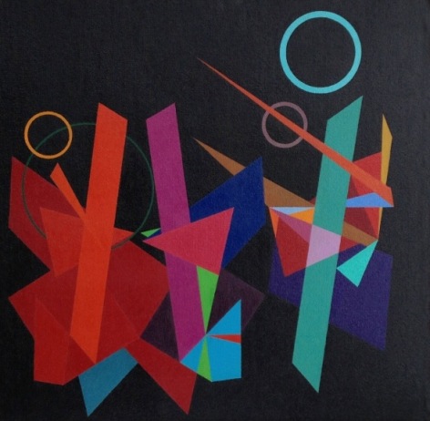 Image of sold Ed Garman oil painting entitled &quot;No. 382&quot; with multi-colored geometric shapes in an abstract arrangement.