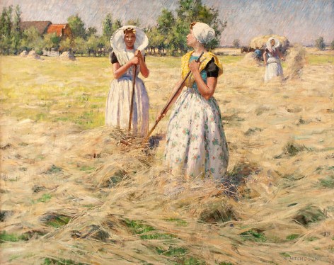 Image of &quot;Haymakers, Zeeland&quot; painting by artist George Hitchcock depicting of a freshly cut hayfield with three woman, two in the foreground and one in the background, all wearing traditional 19th century Netherland dresses, and headwear raking hay.