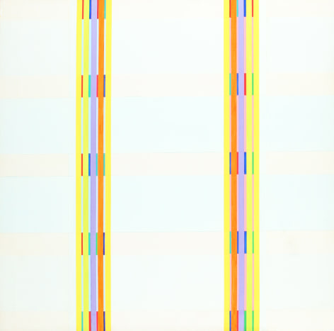 Image of untitled geometric oil painting by Naohiko Inukai with light colors of yellow, violet and orange in two bands against a subtly shaded light background.