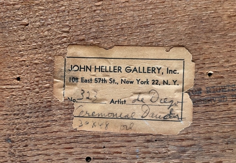 Image of John Heller Gallery verso label on &quot;Ceremonial Dancers&quot; painting by Julio De Diego.