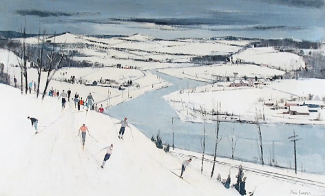 Image of sold oil painting by Paul Sample entitled &quot;Skiing in New England&quot; showing many people skiing on a hillside which abuts railroad tracks and a river.
