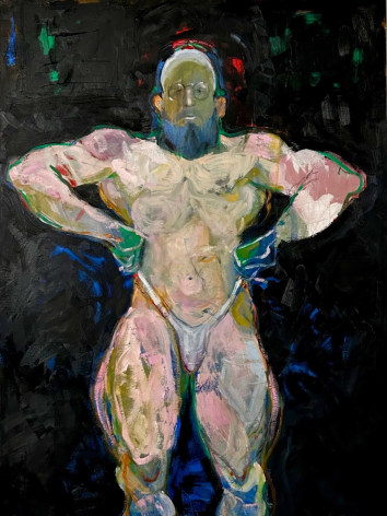 Image of a Mary Breneman abstract painting of a body builder, which a very gentle face wearing glasses and his large, muscular body.