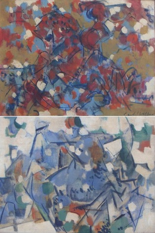 Image of pair of Carl Holty abstract oil paintings one in reds, blues and golden browns and the other in blues, greens and white.