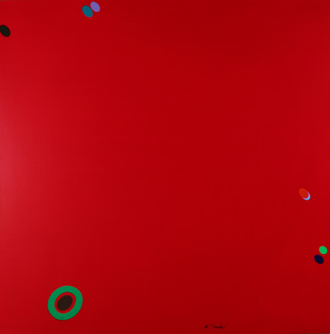 Image of &quot;Untitled - Red with Floating Dots&quot; painting by artist Naohiko Inukai depicting a deep red, smooth background with several ovoid dots of various colors along all four edges.