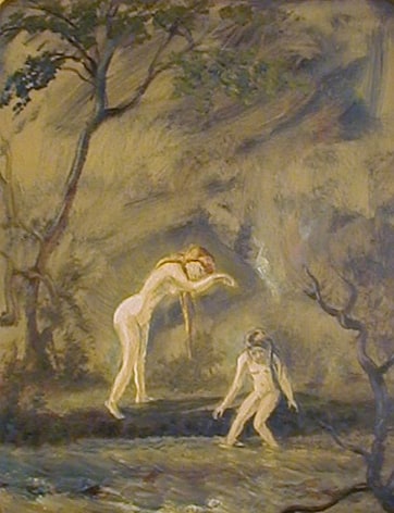 Image of sold painting by Louis Eilshemius showing two nude females washing their hair in a river.