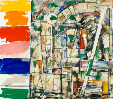 Image of abstract &quot;Photography&quot; painting by by artist Robert Freimark showing large swaths of yellow, orange red, pink, blue, white and green paint on the left side of the canvas with a colorful abstraction on the right two thirds of the painting.