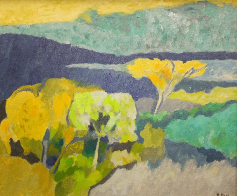 Oil painting of a landscape in yellow, blue and green by Easton Pribble.