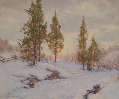 Image of Walter Launt Palmer 1921 sold painting showing cedar trees alongside a snowy road.