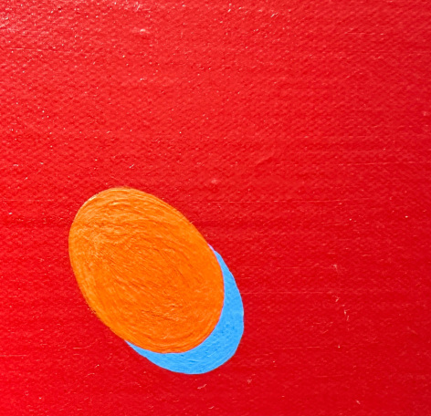Image closeup detail of &quot;Untitled - Red with Floating Dots&quot; painting by artist Naohiko Inukai depicting a deep red, smooth background with several ovoid dots of various colors along all four edges.