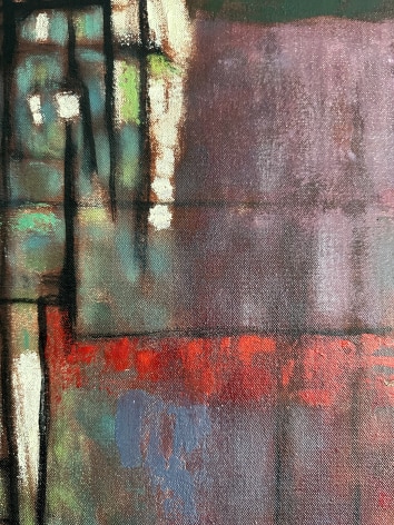 Image of detail in &quot;Transition&quot; abstract oil painting by Joseph Meert in muted reds, blues, yellows and other colors.