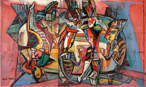 Image of 1947 abstract oil painting entitled &quot;Heads or Tails&quot; by artist Paul Burlin depicting many bright colors including reds, blues, yellows, black, greens, oranges.