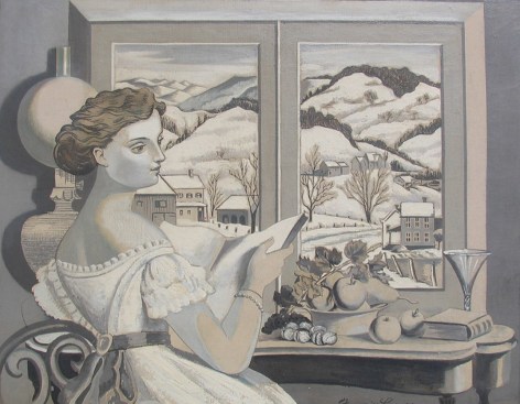 Image of &quot;Winter Morning&quot; painting by artist Francis Criss showing a seated woman, in an old-fashioned dress, holding a book looking out a window at a snowy scene.