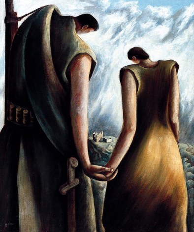 Image of &quot;Homage to the Spanish Republic&quot; 1938 oil painting by artist Julio De Diego showing the backs of a couple holding hands, the man on the left has a gun strapped across his back and a sword on a belt, they are looking at a castle far off in the distance. .
