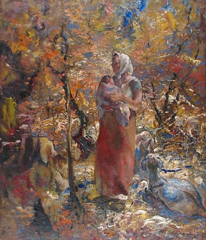 Image of &quot;Mother and Child&quot; oil painting by artist John Costigan depicting an impressionistic scene of an autumnal woods with a standing woman wearing a long skirt and kerchief holding a very young child in her arms with two goats sitting down at her feet.