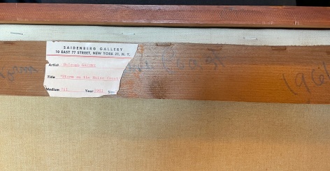 Image of Saidenberg Gallery label verso on &quot;Storm on the Maine Coast&quot; painting by Balcomb Greene.