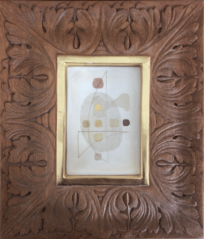 Decoratively carved wooden and gold frame on untitled abstract watercolor painting by Annemarie Graupner.