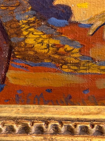 Closeup detail image from painting &quot;Homage to Mabel Dodge&quot; showing the artist's signature..