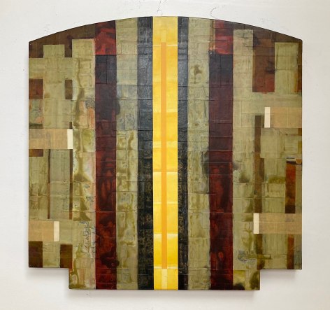 Image of Berrisford Boothe's 2000 painting &quot;Different Elements Specific Qualities&quot; showing an abstraction in a visual woven grid pattern of greens, reds, black and yellow.