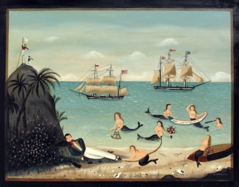 Image of sold painting by Ralph Cahoon entitled &quot;Sleeping Sailor&quot; showing seven mermaids trying to capture a sleeping sailor on shore.