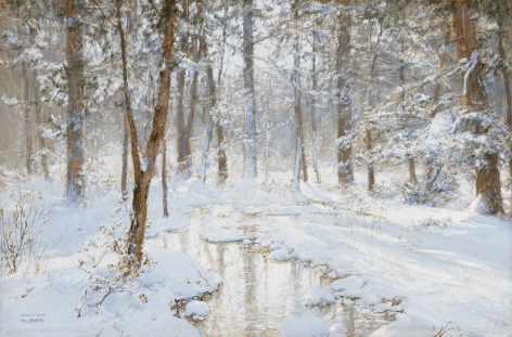 Image of a sold painting by Walter Launt Palmer entitled &quot;The Enchanted Woods&quot; showing a snowy woodland with a stream running through it.