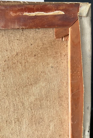 Image of verso detail on untitled (048) abstract painting by Naohiko Inukai in yellows, turquoise, orange, red, pink and green.