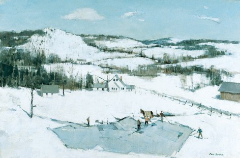 Image of sold oil painting by Paul Sample showing men cutting and hauling ice from a pond in winter.