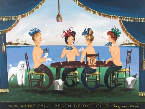 Image of sold painting by Ralph Cahoon entitled &quot;Palm Beach Bridge Club&quot; showing four mermaids playing bridge while drinking champagne and smoking cigarettes in long holders. .