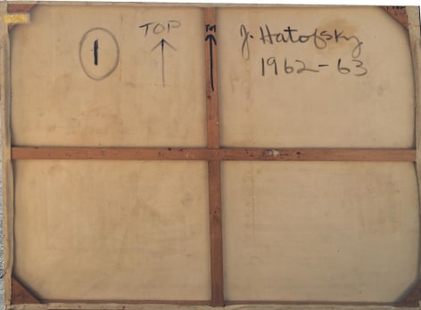 Image of signature and date with orientation arrow on &quot;Untitled Artist's Estate #30&quot; painting by Julius Hatofsky.