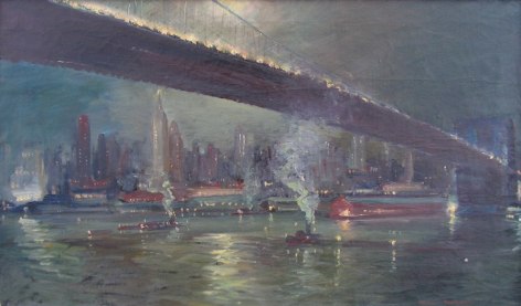 Image of Johann Berthelsen's sold painting &quot;Moonlight Over Bridge&quot; showing a fiver filled with boats, over which spans a bridge, and in the distance a city.