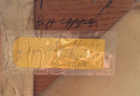 Image of yellow oak tag label from Egan Gallery on the verso of &quot;Untitled Artist's Estate #30&quot; painting by Julius Hatofsky.