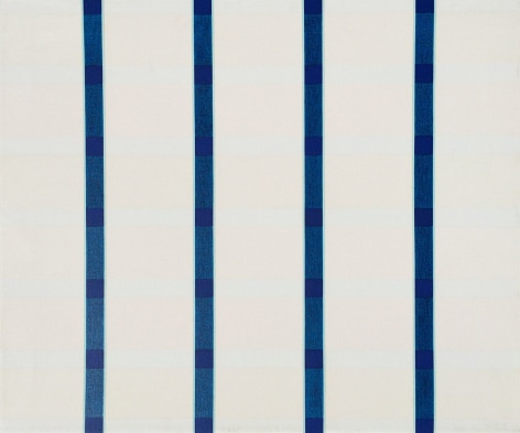 Image of oil painting entitled &quot;Four &amp; Six, No.1&quot; by Naohiko Inukai showing a geometric grid abstraction of blues and whites.