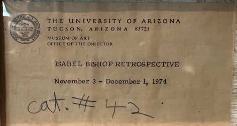 Image of the University of Arizona Tucson label verso on Isabel Bishop painting &quot;Interlude&quot;.