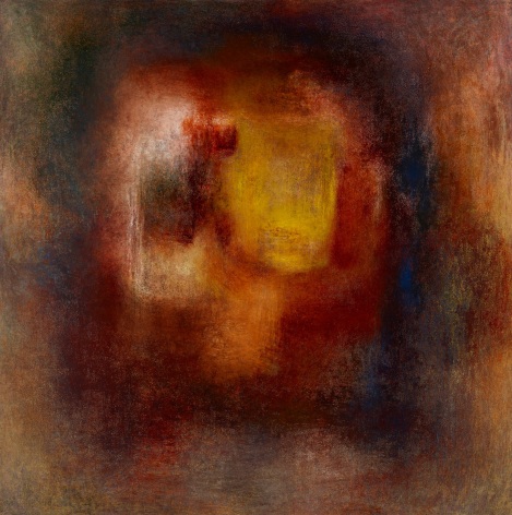 Image of 1991 oil painting entitled &quot;Decade&quot; by Rebecca Purdum, depicting an abstraction of reds, golds, browns and white.