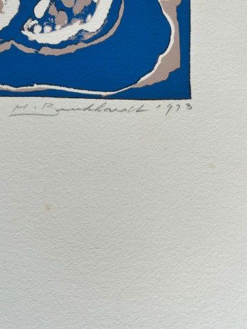 Image of signature on untitled (012) abstract lithograph bynHans Burkhardt in blue, beige and red.