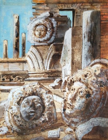 Image of Eugene Berman's sold 1969 watercolor titled &quot;Three Medusas&quot; showing three stone carved heads - two on the ground and one on a partially crumbling down wall..