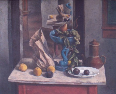 Image of oil painting by Henry Lee McFee entitled &quot;The Blue Compote&quot; showing a modernist tabletop still life arrangement with fruit, coffee pot, and blue pedestal compote.