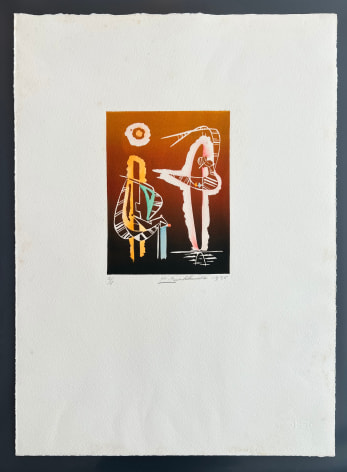 Image of full sheet of untitled (009) 1975 abstract lithograph by Hans Burkhardt in browns, oranges, pink, blue and light green.