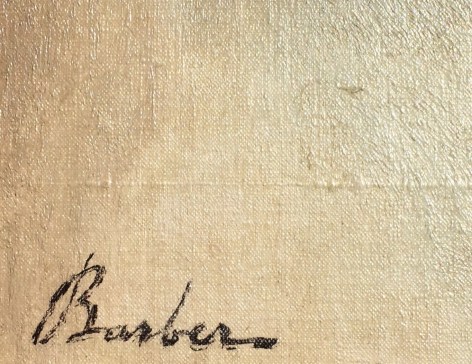 Image of signature on painting of Bread Bakers by artist John Barber showing two figures in bakery depicted in a cubist manner.