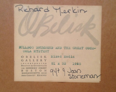 Obelisk Gallery label verso on &quot;Bulldog Drummond and the Great Coca-Cola Mystery&quot; painting by Richard Merkin.