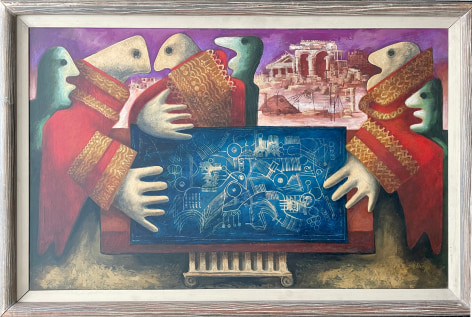Image of the wooden frame on &quot;Blueprint of the Future&quot; painting by Julio De Diego.