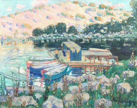 Anni Baldaugh's oil painting of pinkish-yellow southern California foothills in the distance with a lake, dock and 4 brightly colored rowboats in the foreground.