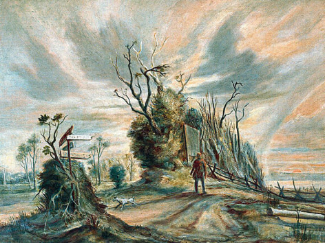 Image of a tempera painting by William Palmer entitled &quot;The Lonely Road&quot; showing a person walking down a road along a split rail fence with a dog.