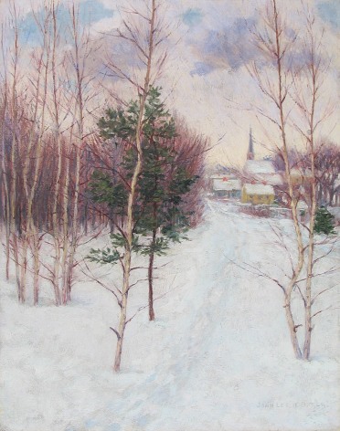 Image of John Leslie Breck's painting entitled &quot;Village in Winter (Auburndale, MA)&quot; showing a snowy path in the woods heading towards a village in the distance.